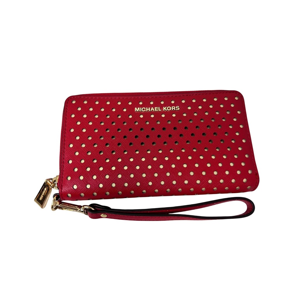 Michael Kors Wristlet Wallet Womens OS Red Excellent Perforated Saffiano Leather